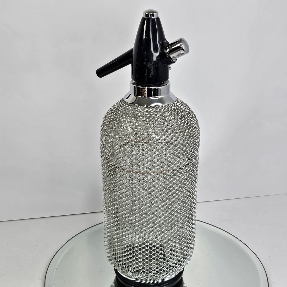 Vintage 14” Glass Soda Siphon Seltzer Bottle Chain Mesh Cover Chrome